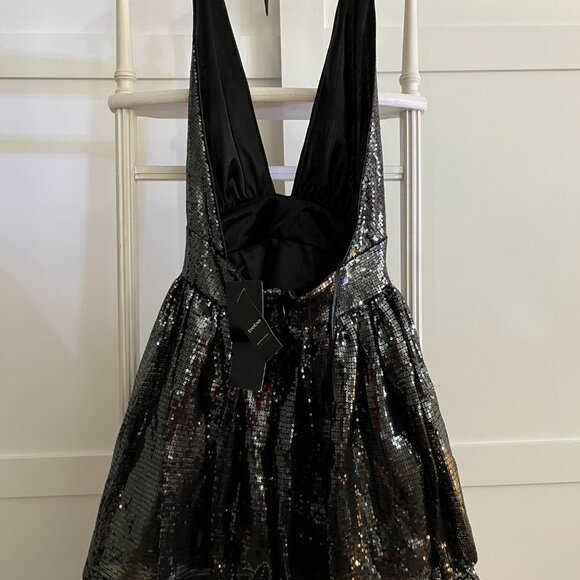 BNWT BEBE Gunmetal Sequined Halter Deep V-Neck Petticoat (S) - Picture 7 of 9
